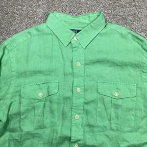 Polo Ralph Lauren Mens Green 100% Linen Button Up Shirt Large Roll Tab Safari
